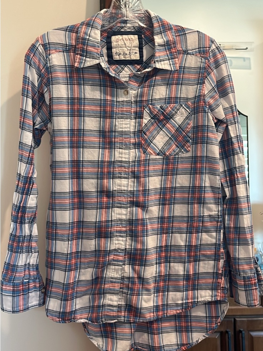 girl krazy White Plaid Button-Up Shirt with Blue and Coral Stripes